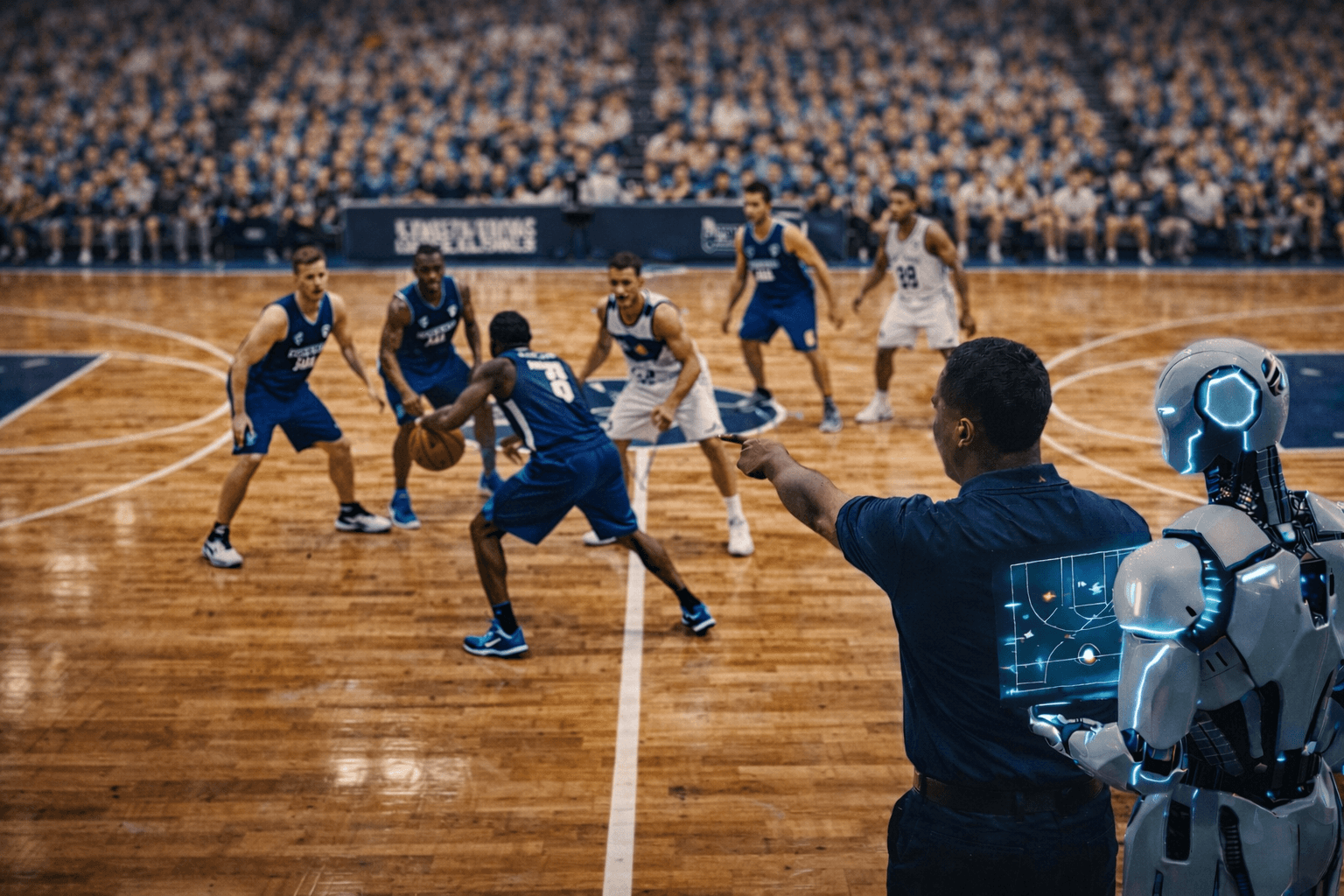Coach and AI assistant courtside during a basketball game